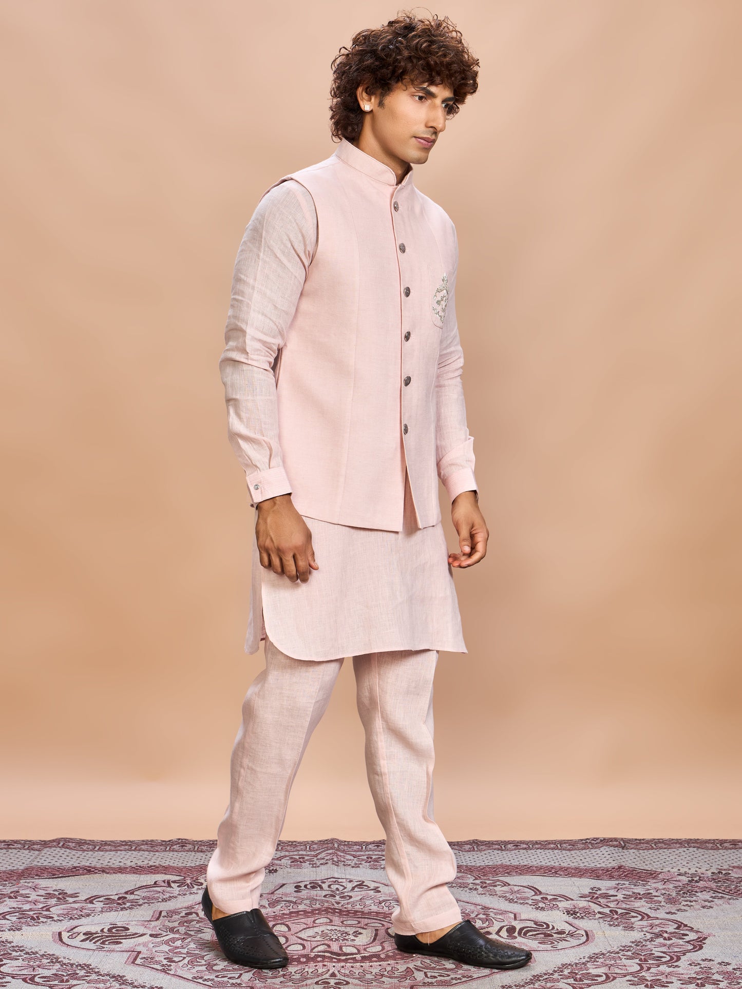 Blush Pink Linen Jacket Kurta Set for Men