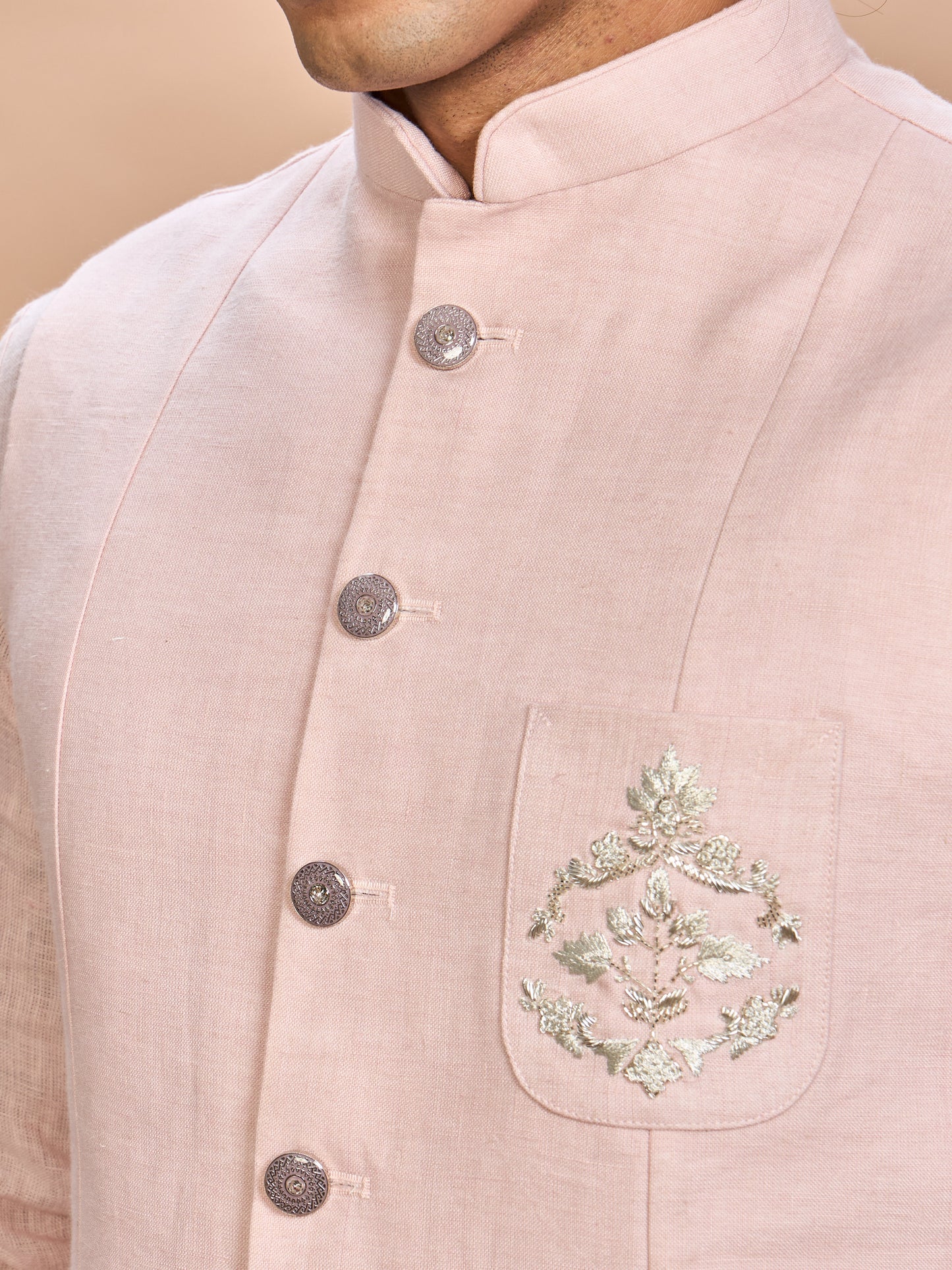 Blush Pink Linen Jacket Kurta Set for Men