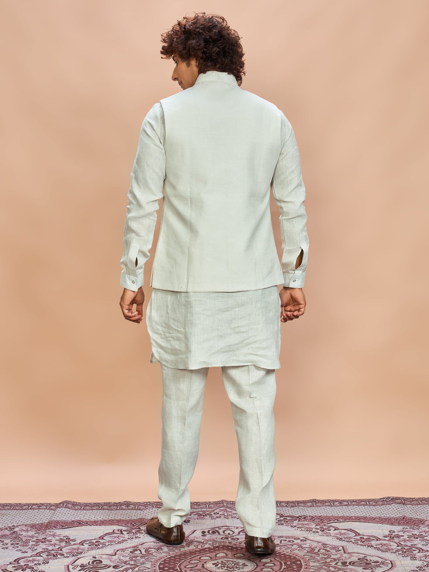 Pista Green Linen Jacket Kurta Set for Men