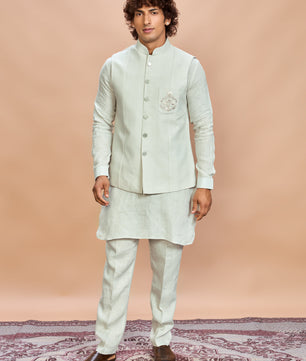Pista Green Linen Jacket Kurta Set for Men