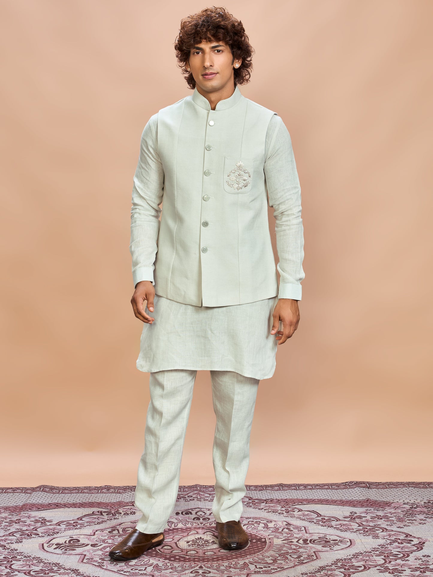 Pista Green Linen Jacket Kurta Set for Men