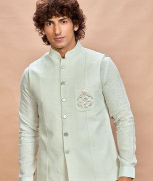 Pista Green Linen Jacket Kurta Set for Men