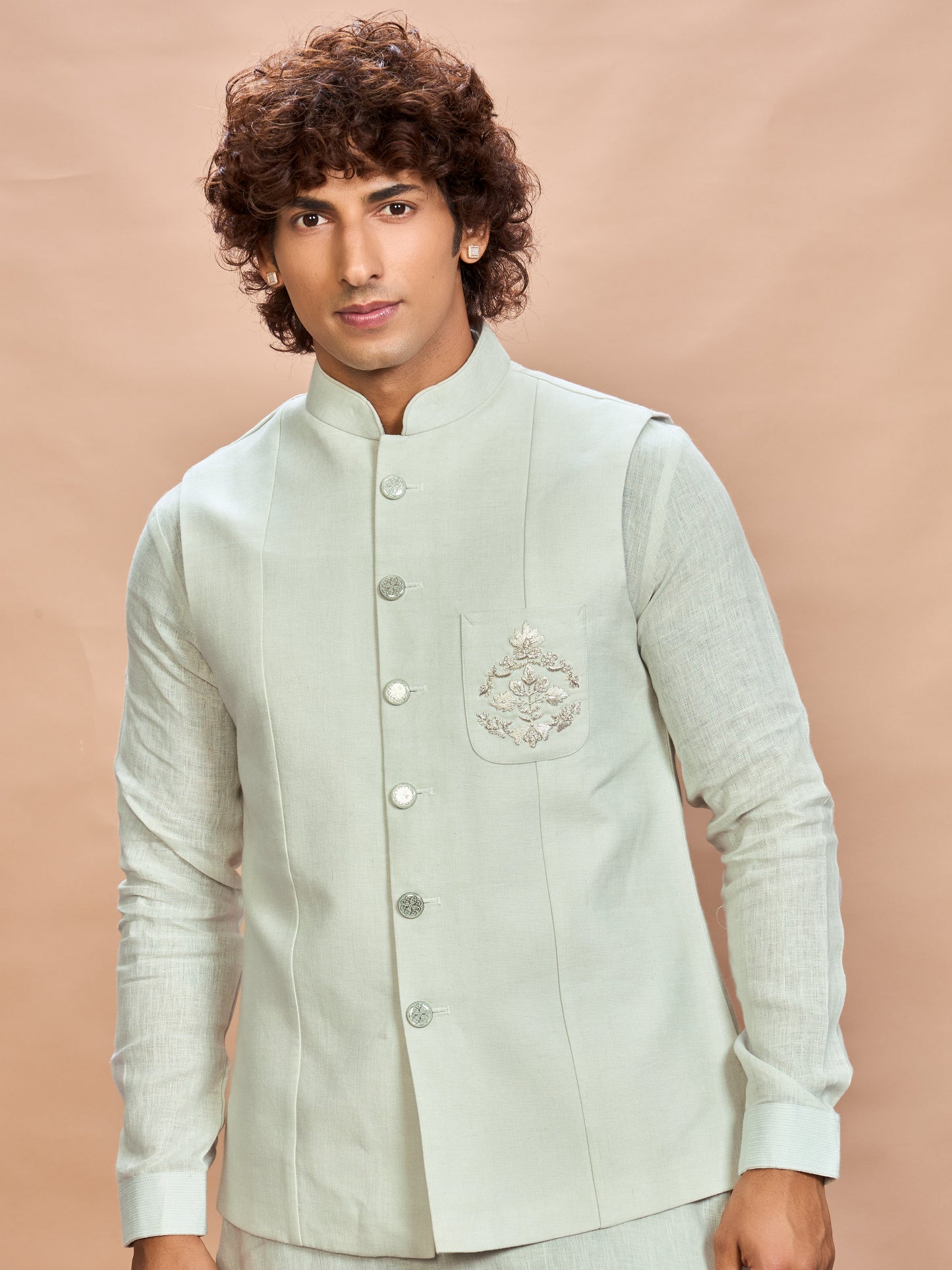 Pista Green Linen Jacket Kurta Set for Men