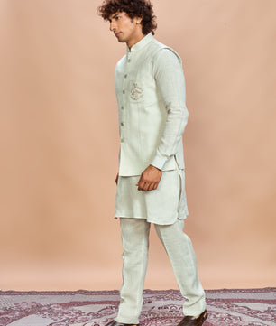 Pista Green Linen Jacket Kurta Set for Men