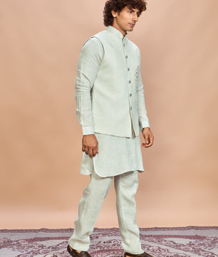 Pista Green Linen Jacket Kurta Set for Men