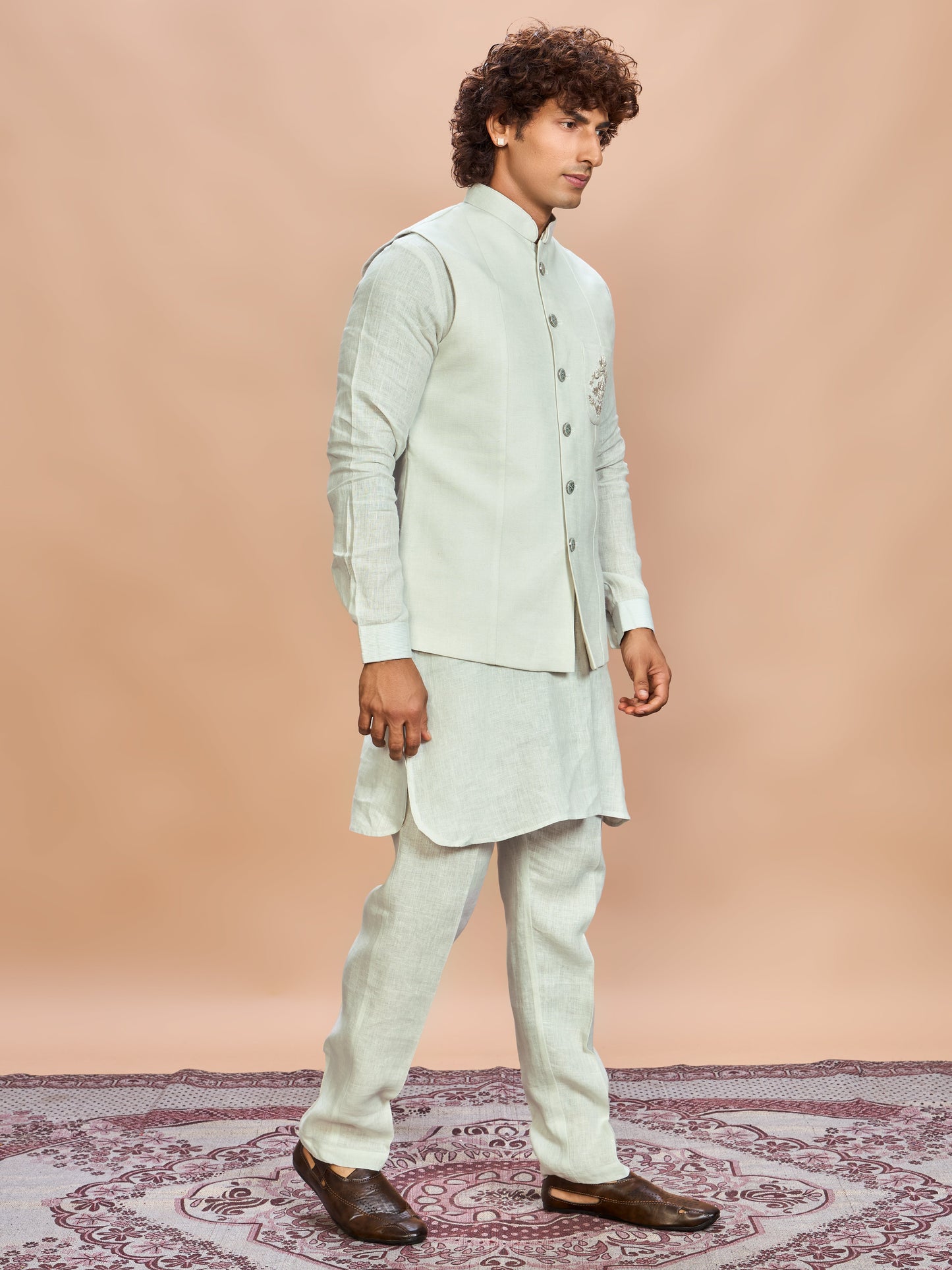 Pista Green Linen Jacket Kurta Set for Men