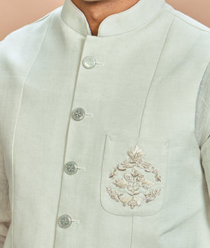 Pista Green Linen Jacket Kurta Set for Men