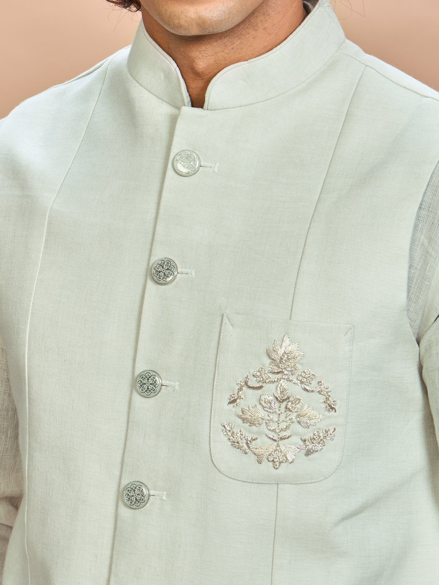 Pista Green Linen Jacket Kurta Set for Men