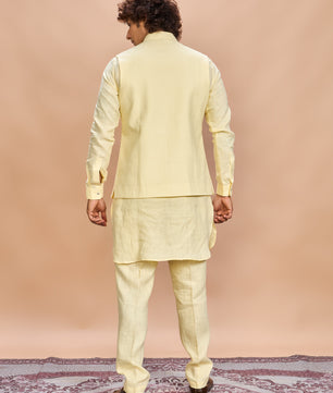 Yellow Linen Jacket Kurta Set for Men