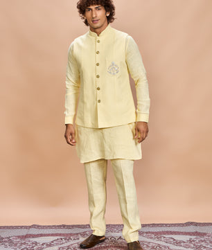 Yellow Linen Jacket Kurta Set for Men