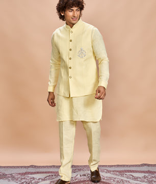 Yellow Linen Jacket Kurta Set for Men