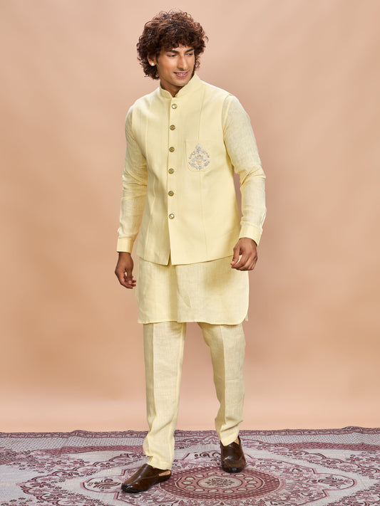 Yellow Linen Jacket Kurta Set for Men