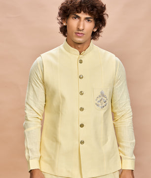 Yellow Linen Jacket Kurta Set for Men