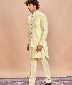 Yellow Linen Jacket Kurta Set for Men