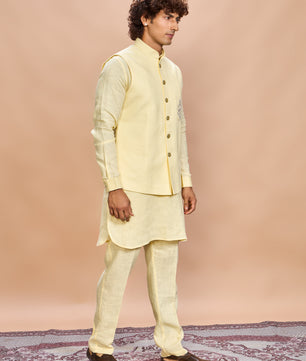Yellow Linen Jacket Kurta Set for Men