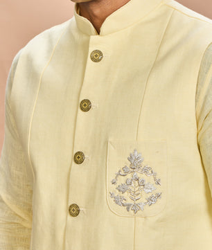 Yellow Linen Jacket Kurta Set for Men