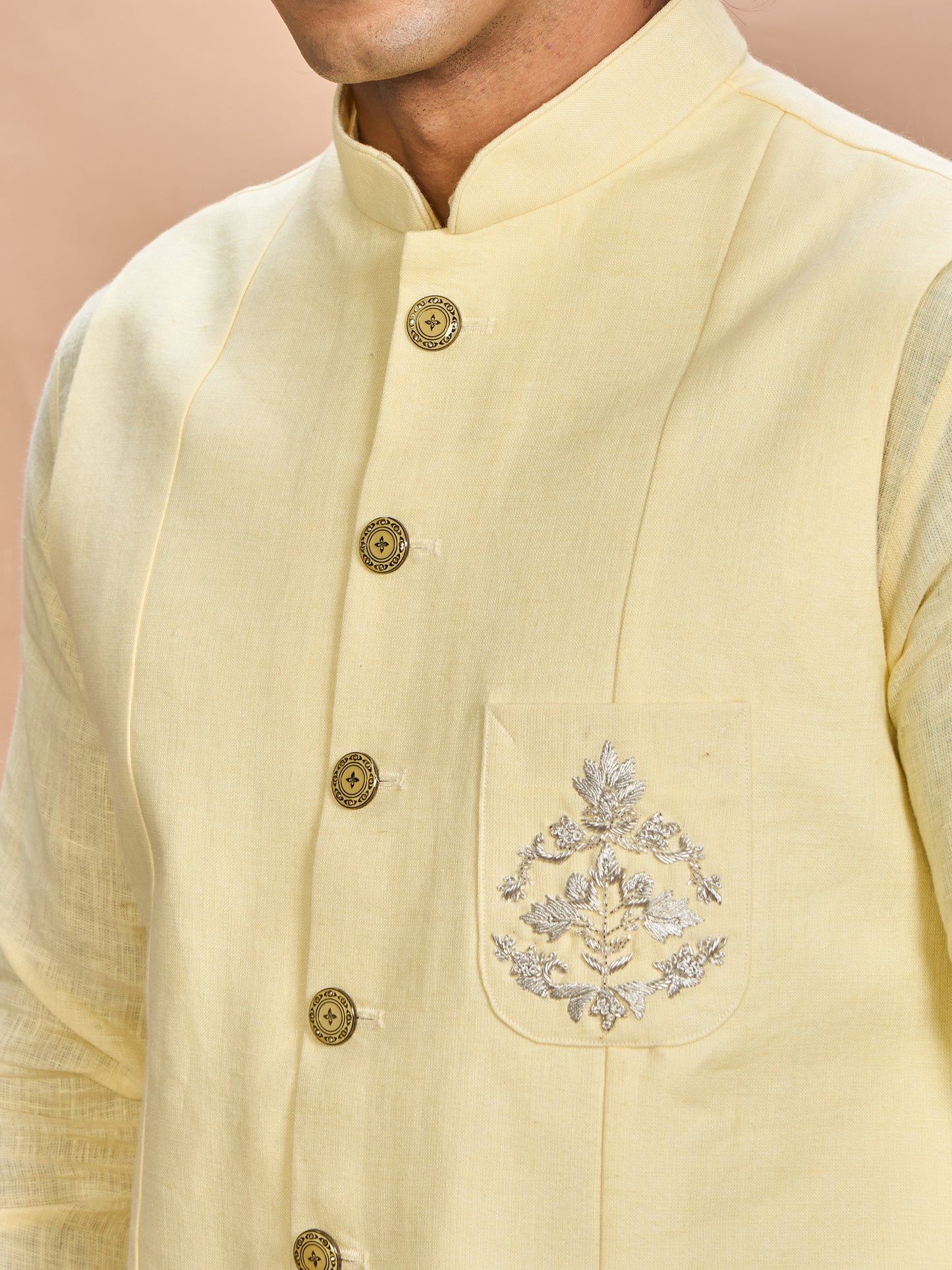 Yellow Linen Jacket Kurta Set for Men