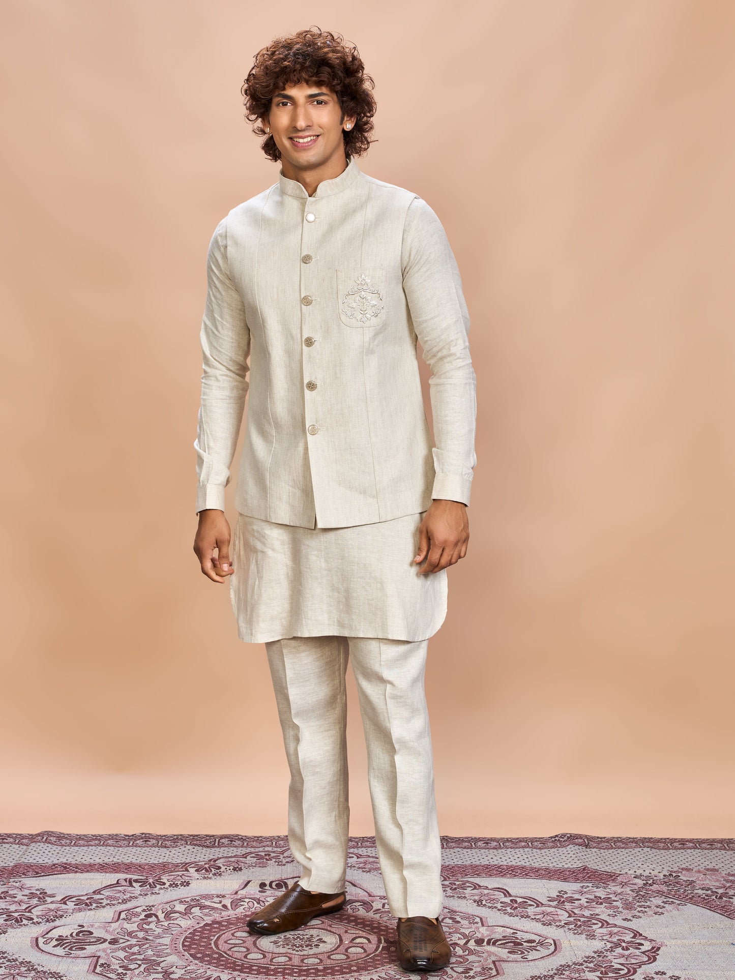 Natural Linen Jacket Kurta Set for Men
