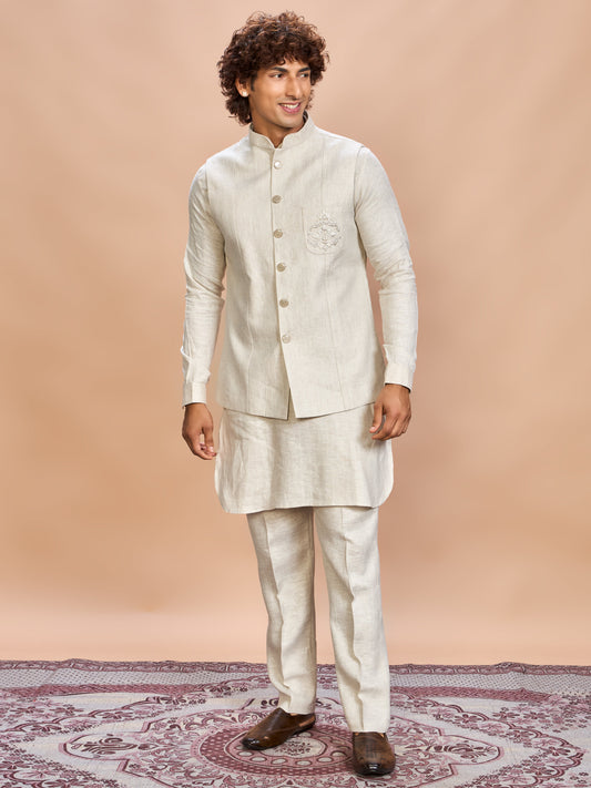 Natural Linen Jacket Kurta Set for Men