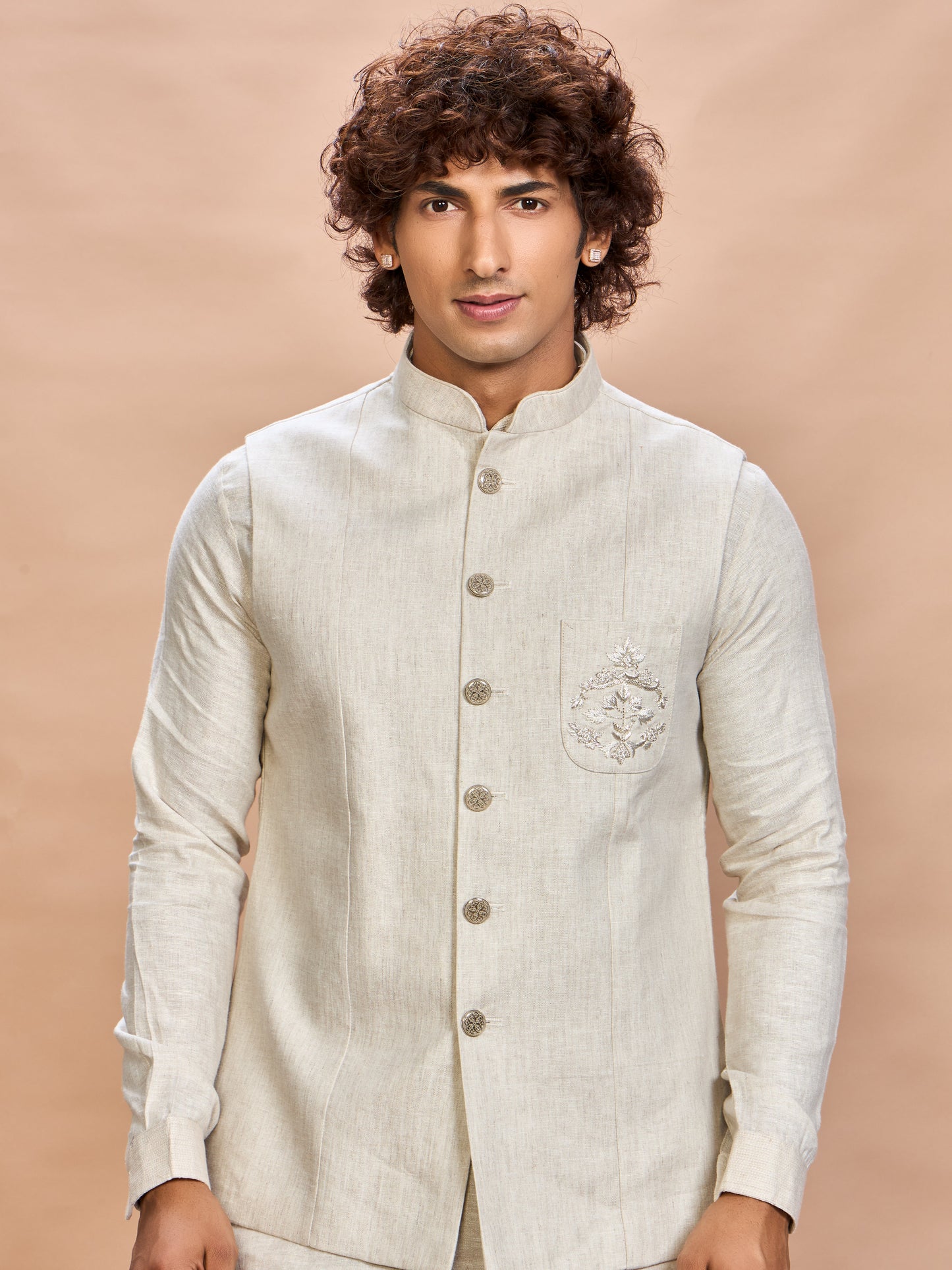 Natural Linen Jacket Kurta Set for Men