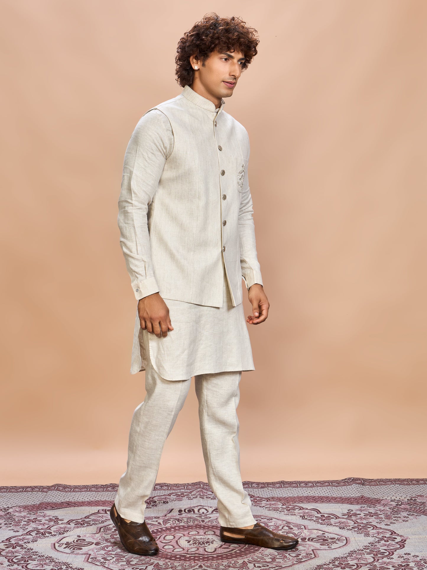 Natural Linen Jacket Kurta Set for Men