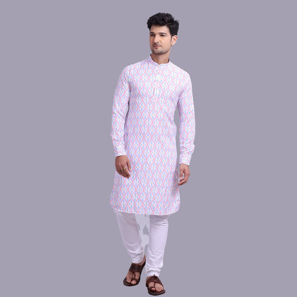 White Geometric Printed Kurta in Pink Print