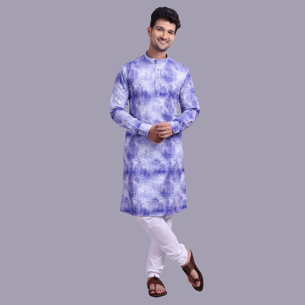 Blue and White Tie-Dye Printed Kurta for Men