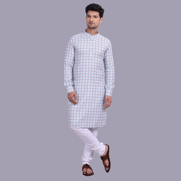 White Kurta for Men with Geometric Prints