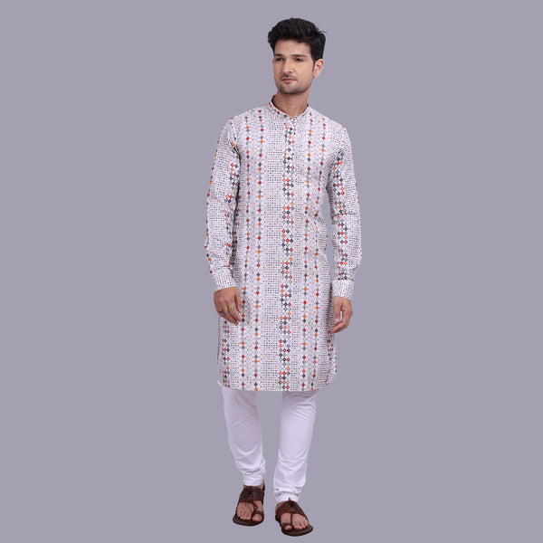 Men's White Kurta with Multi Prints