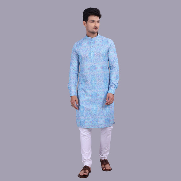 Blue Printed Long Kurta for Men