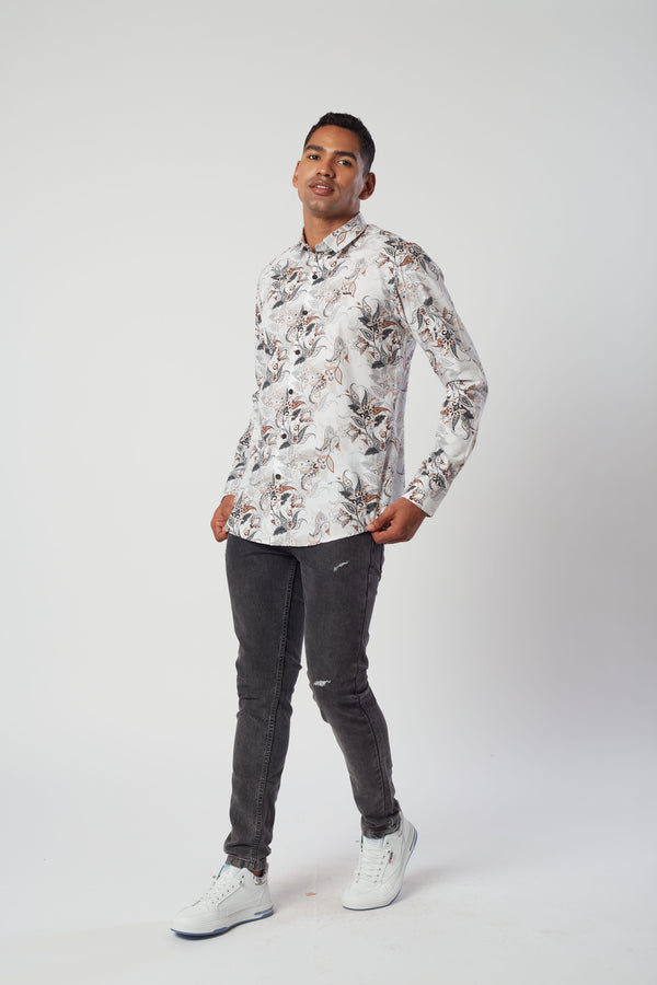 Men's White Floral Full Sleeve Shirt