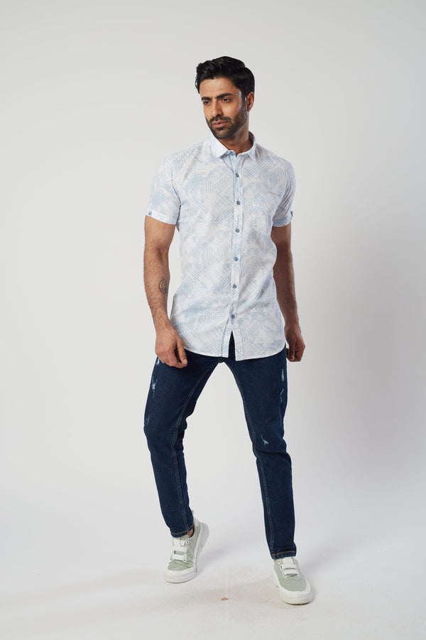 Smart Blue and White Printed Shirt