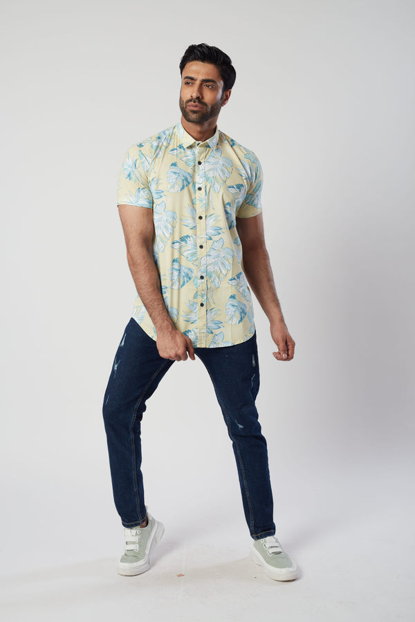 Classy Yellow Half Shirt With Blue Florals