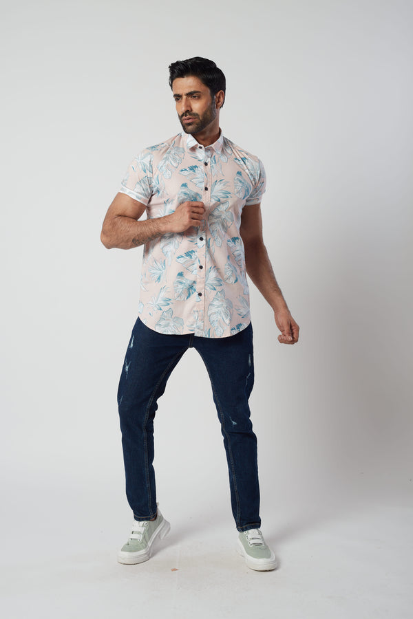 Men's Shirt in Peach Combined with Blue Floral