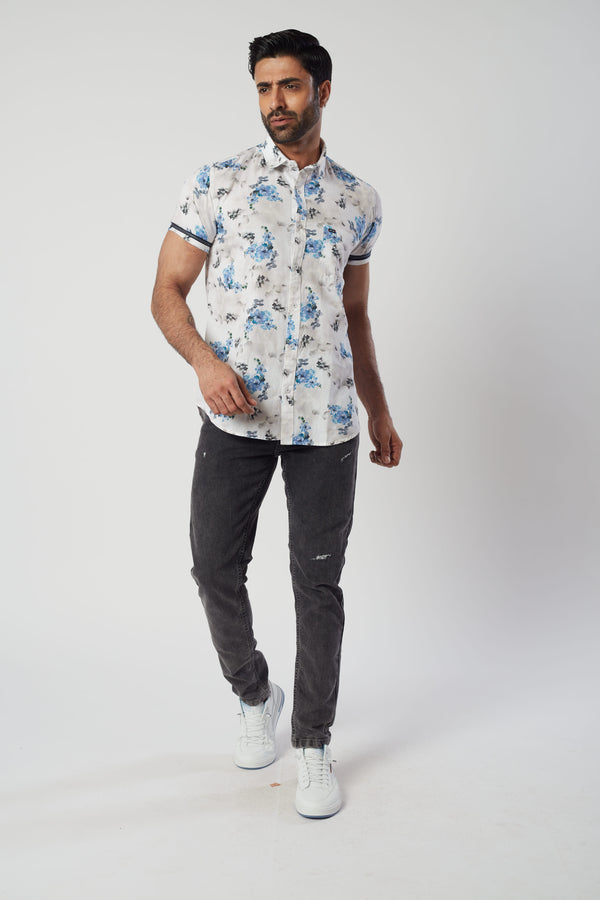 Blue and White Floral Printed Casual Shirt