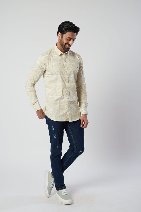 Yellow and White Printed Full Sleeve Shirt