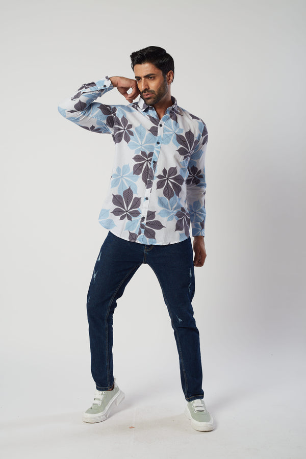 Full Sleeve Blue and White Printed Shirt