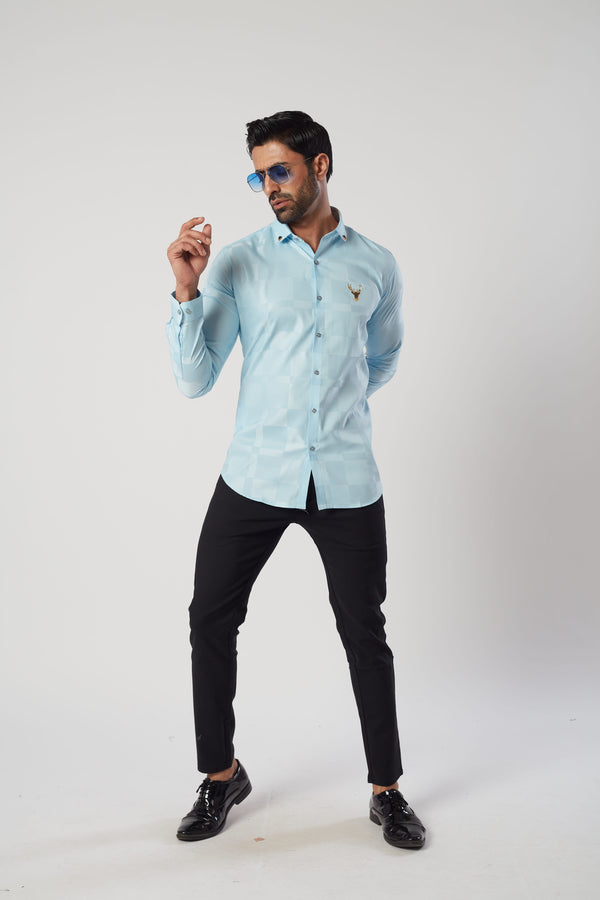 Men Light Blue Checkered Party Wear Shirt