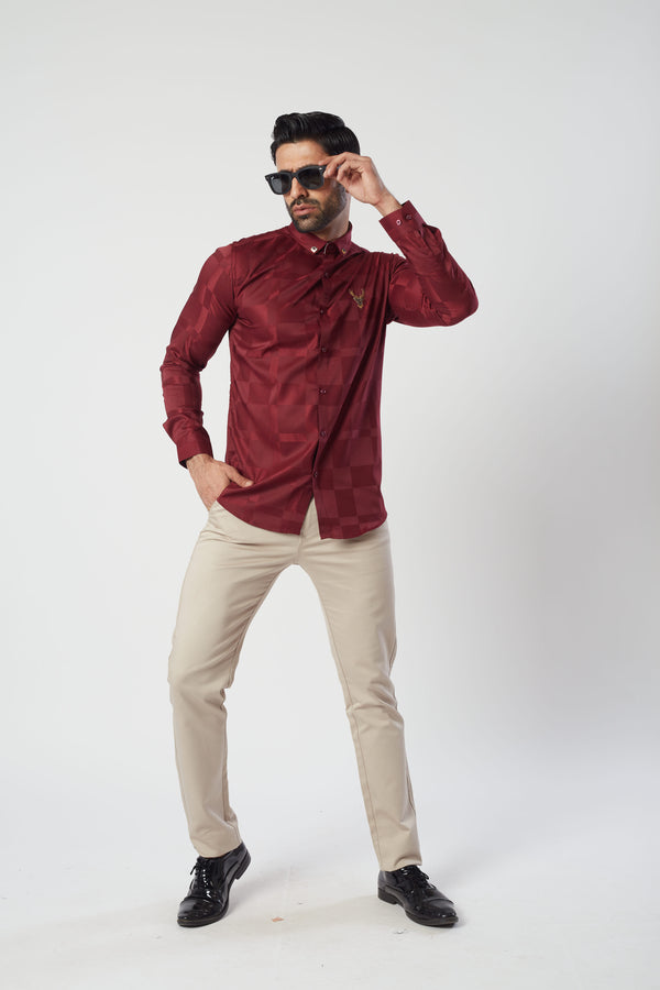 Maroonish Red Silhouette Checkered Shirt