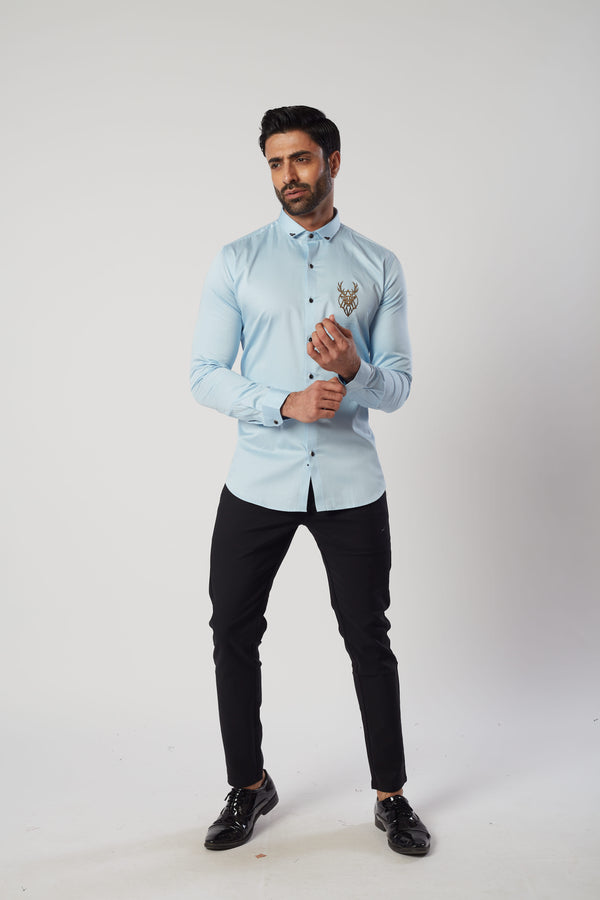 Blue Embroidered Patterned Shirt